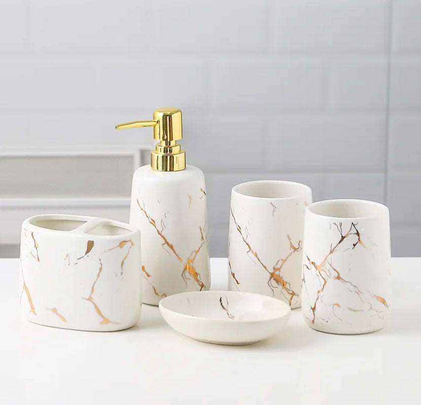 Ceramic Toiletries Bathroom Set Marble Porcelain Cup Toothbrush Holder / Soap Dispenser / Tray Bathroom Decoration Accessories