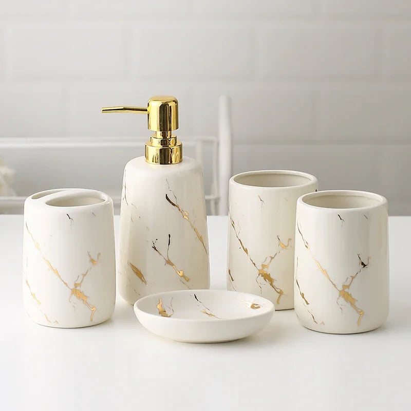 Ceramic Toiletries Bathroom Set Marble Porcelain Cup Toothbrush Holder / Soap Dispenser / Tray Bathroom Decoration Accessories